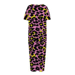 Pink And Yellow Leopard Print Short Sleeve Long Nightdress