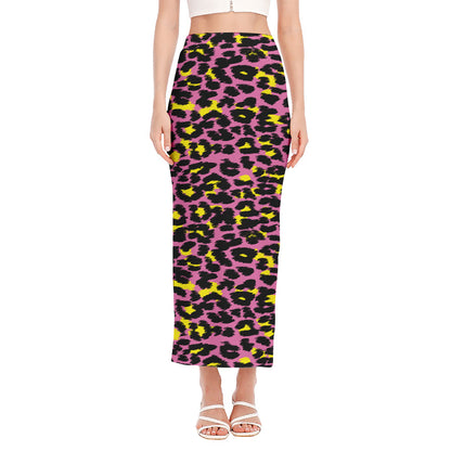 Pink And Yellow Leopard Print Side Slit Maxi Skirt