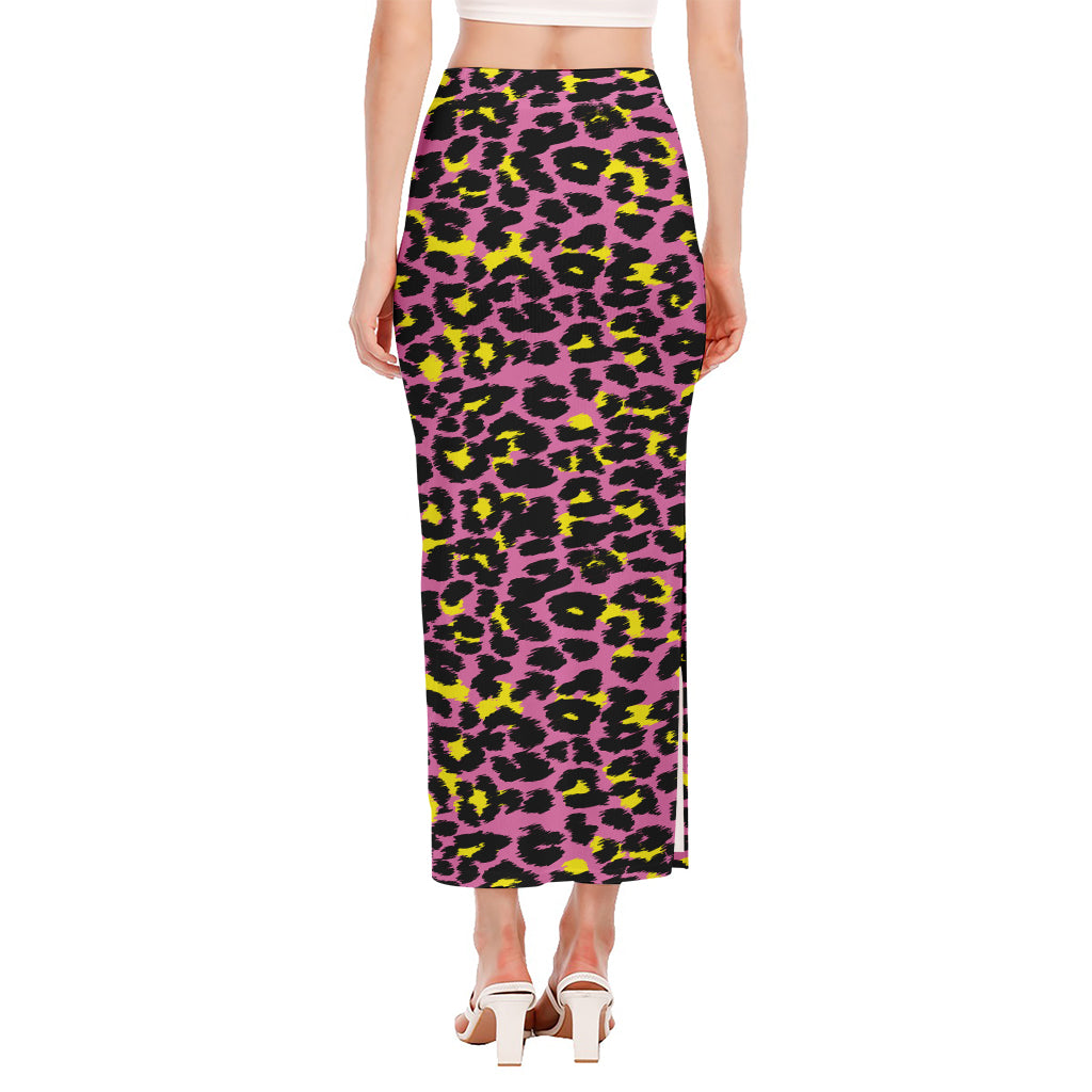 Pink And Yellow Leopard Print Side Slit Maxi Skirt