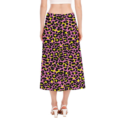 Pink And Yellow Leopard Print Side Slit Midi Skirt