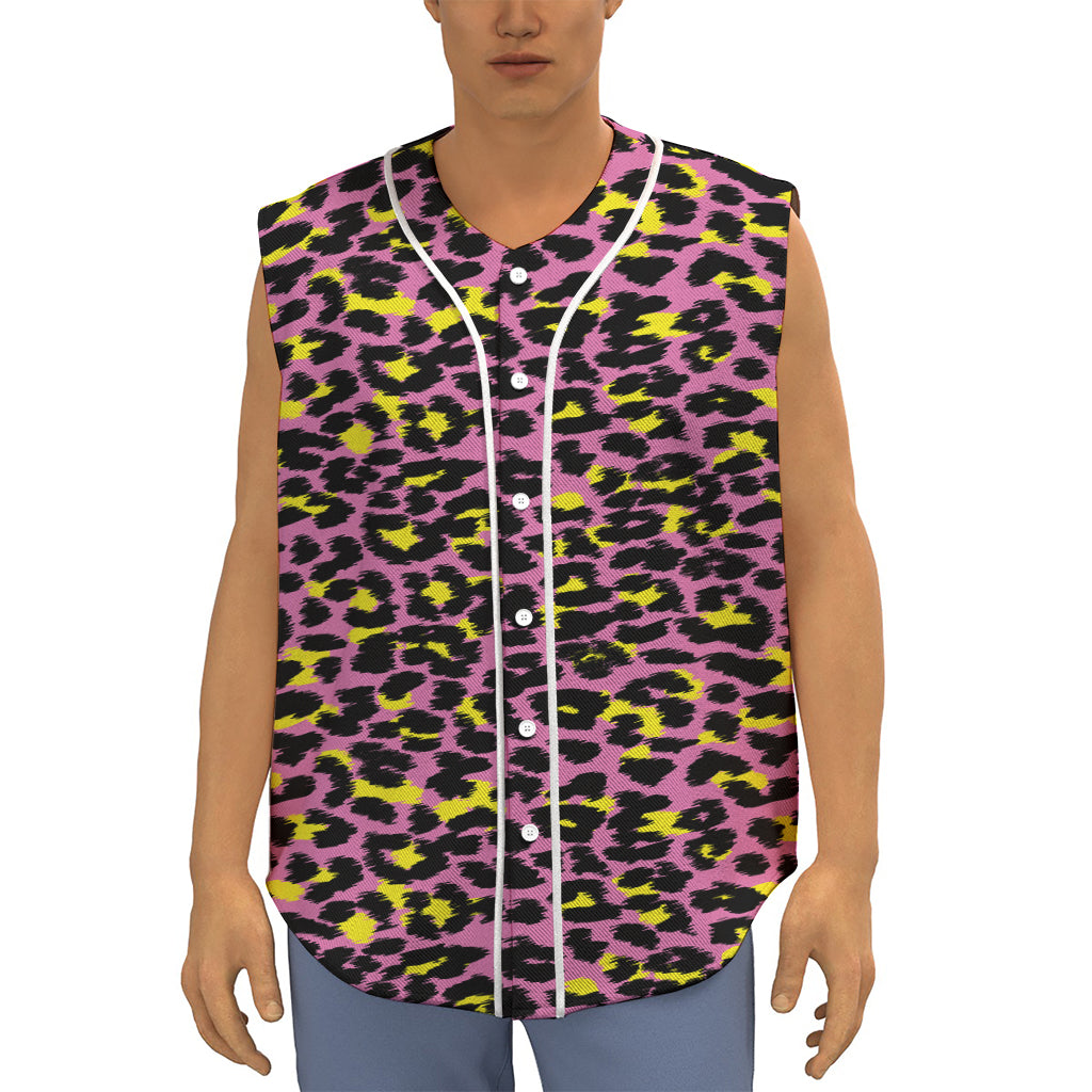 Pink And Yellow Leopard Print Sleeveless Baseball Jersey