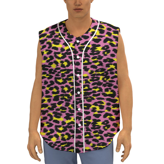 Pink And Yellow Leopard Print Sleeveless Baseball Jersey