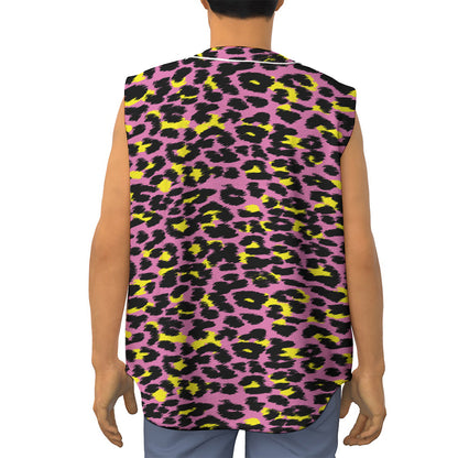 Pink And Yellow Leopard Print Sleeveless Baseball Jersey