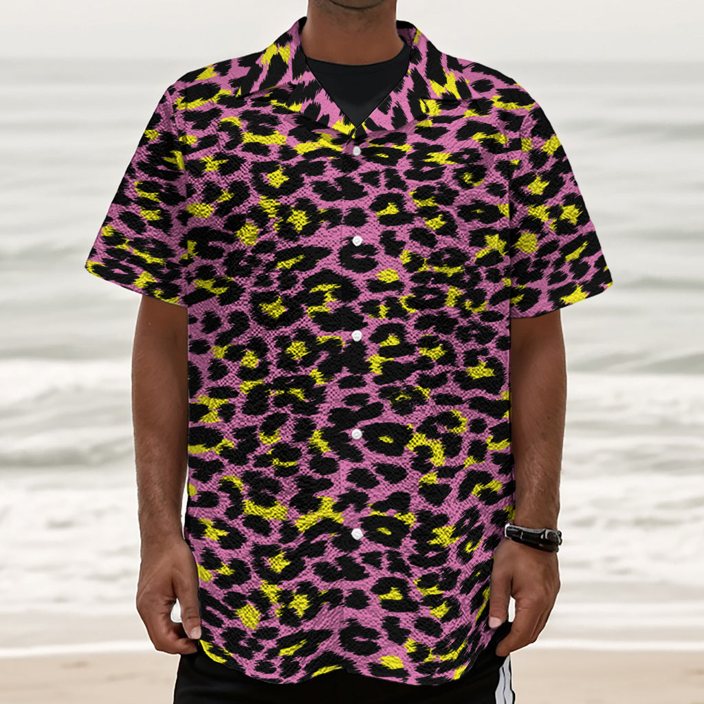 Pink And Yellow Leopard Print Textured Short Sleeve Shirt