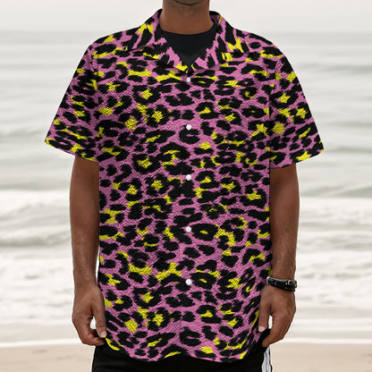 Pink And Yellow Leopard Print Textured Short Sleeve Shirt