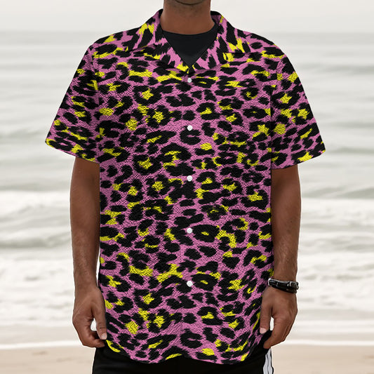 Pink And Yellow Leopard Print Textured Short Sleeve Shirt