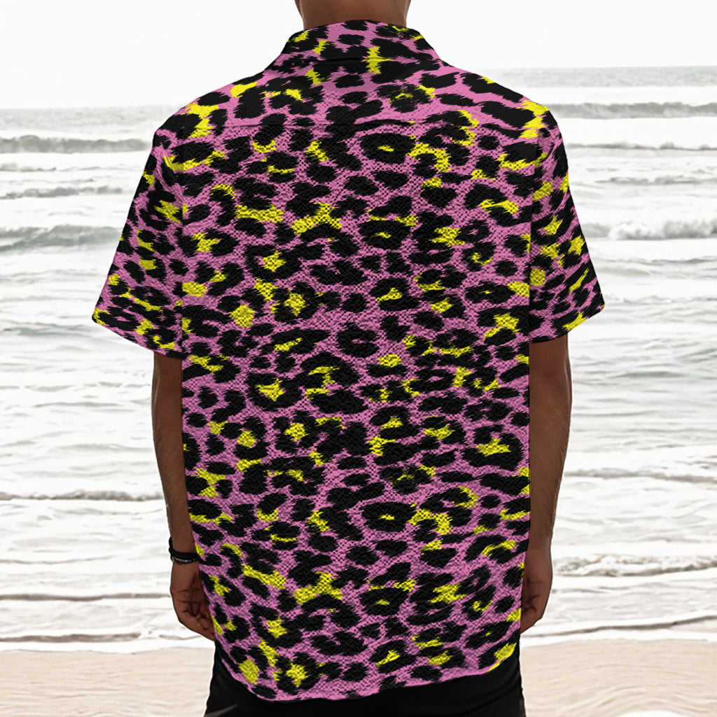 Pink And Yellow Leopard Print Textured Short Sleeve Shirt