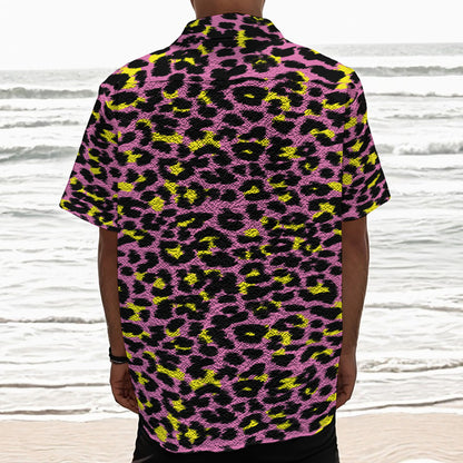 Pink And Yellow Leopard Print Textured Short Sleeve Shirt