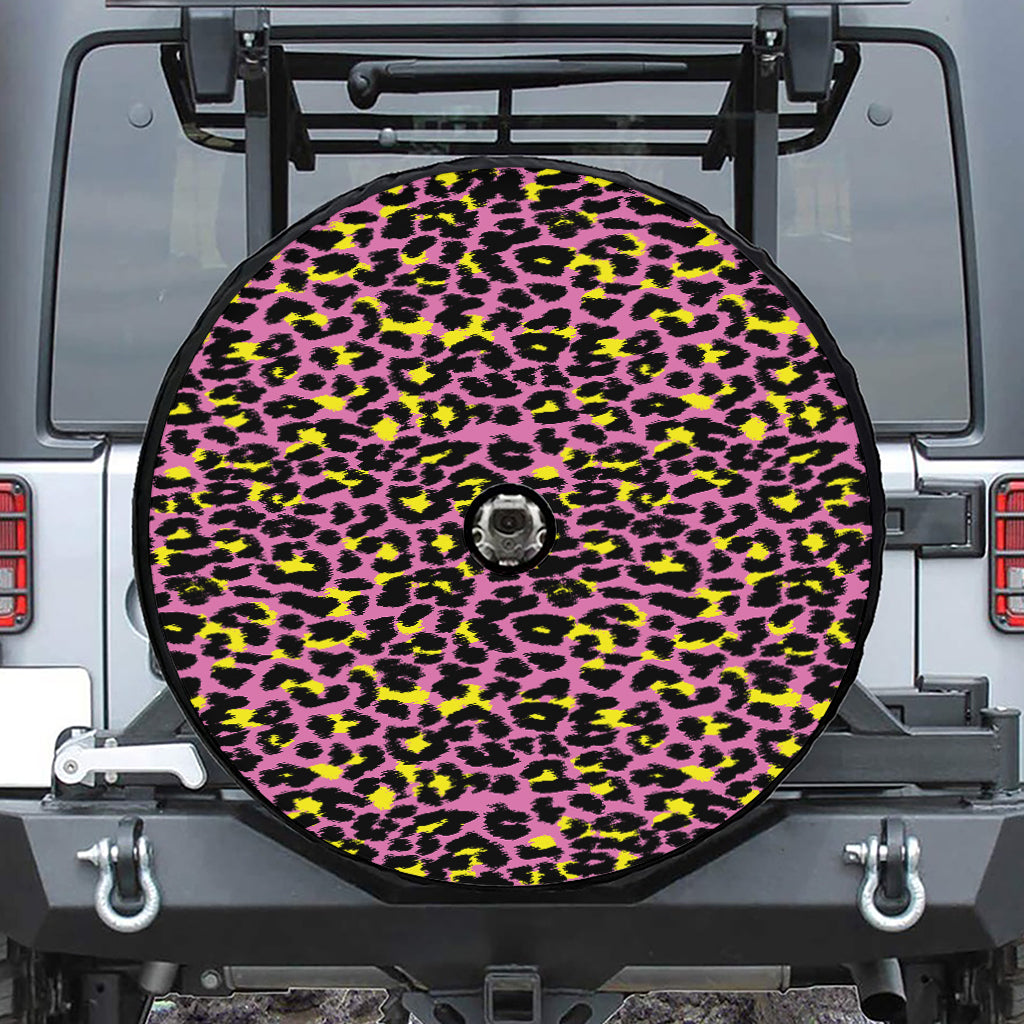 Pink And Yellow Leopard Print Tire Cover With Camera Hole