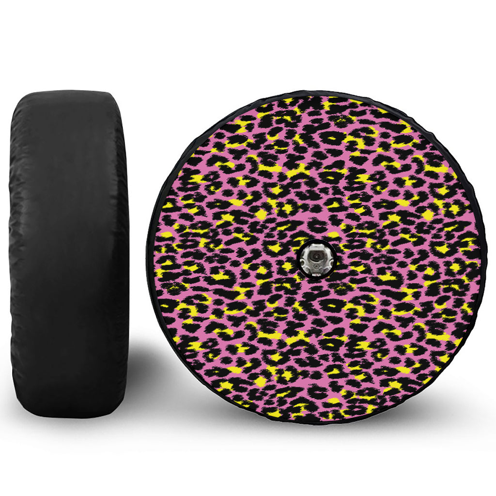 Pink And Yellow Leopard Print Tire Cover With Camera Hole