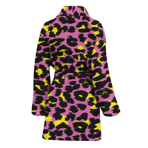 Pink And Yellow Leopard Print Women's Bathrobe