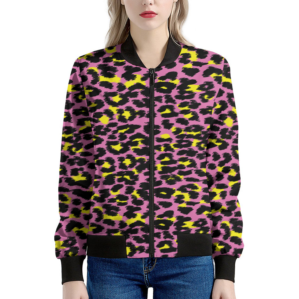 Pink And Yellow Leopard Print Women's Bomber Jacket