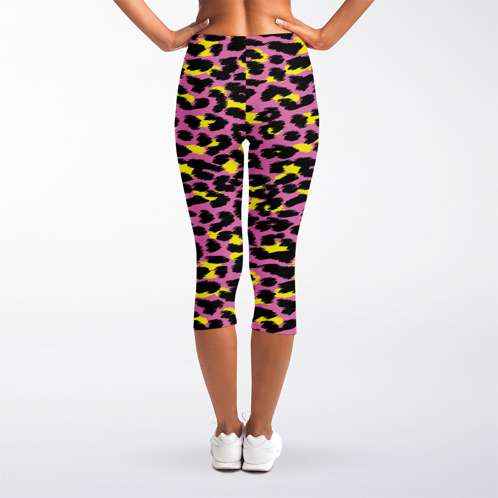 Pink And Yellow Leopard Print Women's Capri Leggings