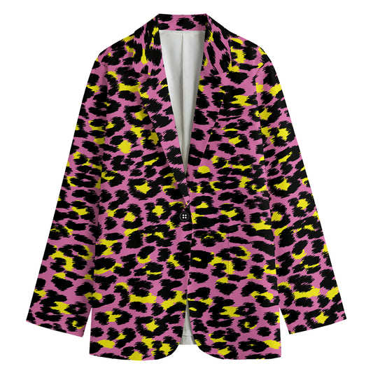 Pink And Yellow Leopard Print Women's Cotton Blazer