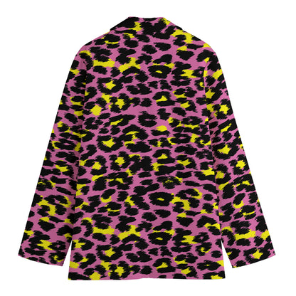Pink And Yellow Leopard Print Women's Cotton Blazer
