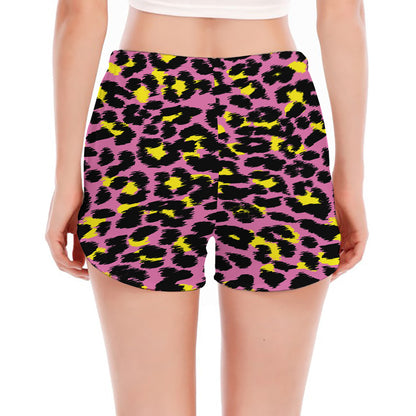 Pink And Yellow Leopard Print Women's Split Running Shorts