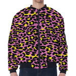 Pink And Yellow Leopard Print Zip Sleeve Bomber Jacket