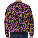 Pink And Yellow Leopard Print Zip Sleeve Bomber Jacket