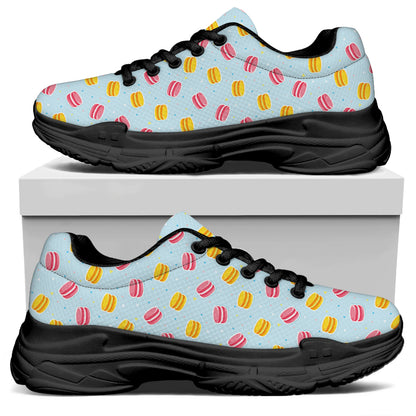 Pink And Yellow Macaron Pattern Print Black Chunky Shoes