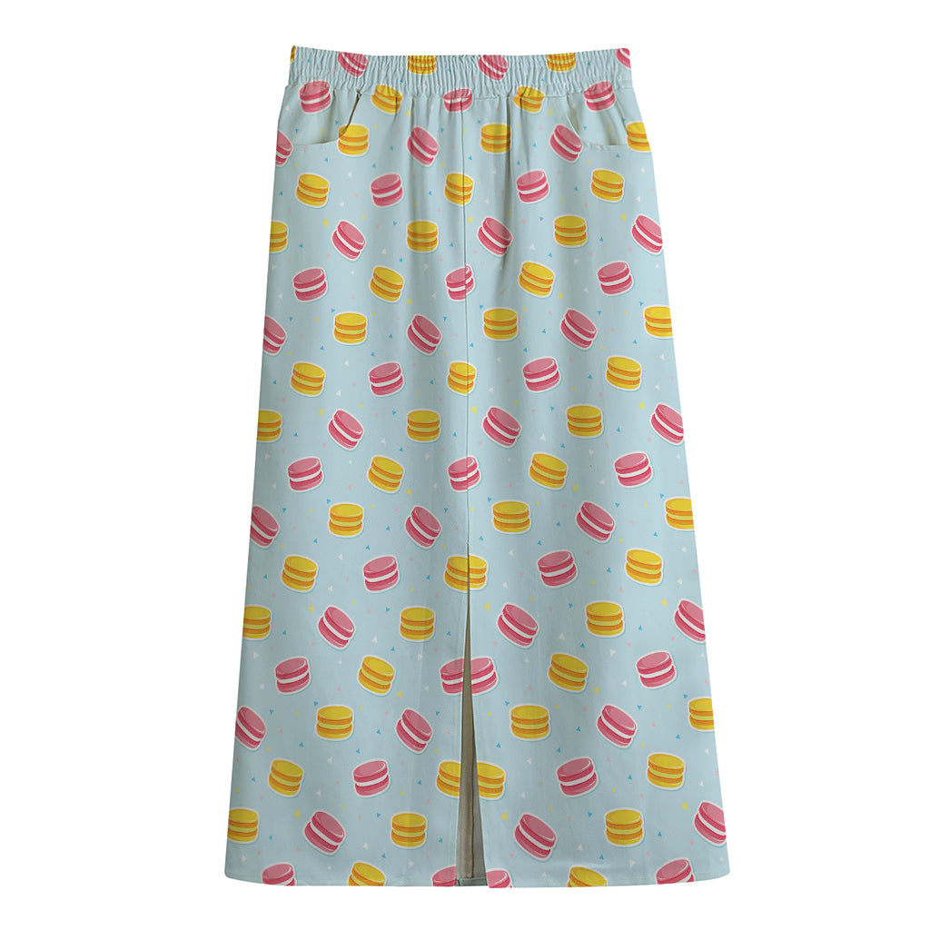 Pink And Yellow Macaron Pattern Print Cotton Front Slit Maxi Skirt