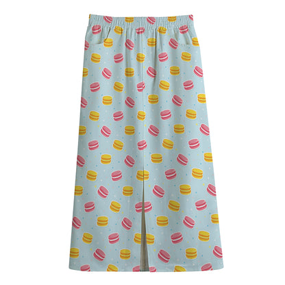 Pink And Yellow Macaron Pattern Print Cotton Front Slit Maxi Skirt