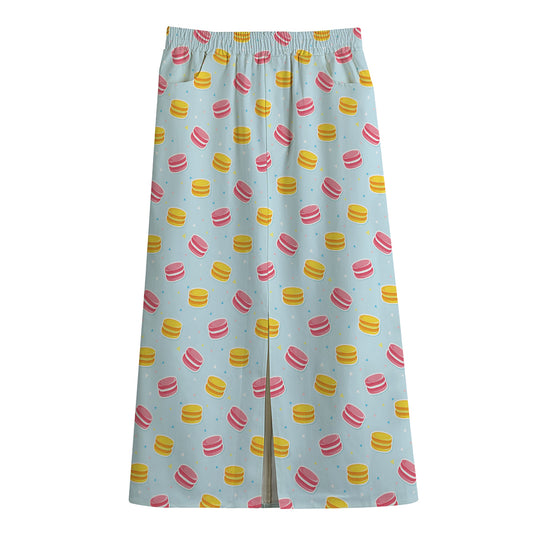 Pink And Yellow Macaron Pattern Print Cotton Front Slit Maxi Skirt