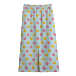 Pink And Yellow Macaron Pattern Print Cotton Front Slit Maxi Skirt