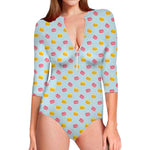 Pink And Yellow Macaron Pattern Print Long Sleeve Swimsuit