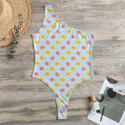 Pink And Yellow Macaron Pattern Print One Shoulder Bodysuit