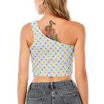 Pink And Yellow Macaron Pattern Print One Shoulder Crop Top