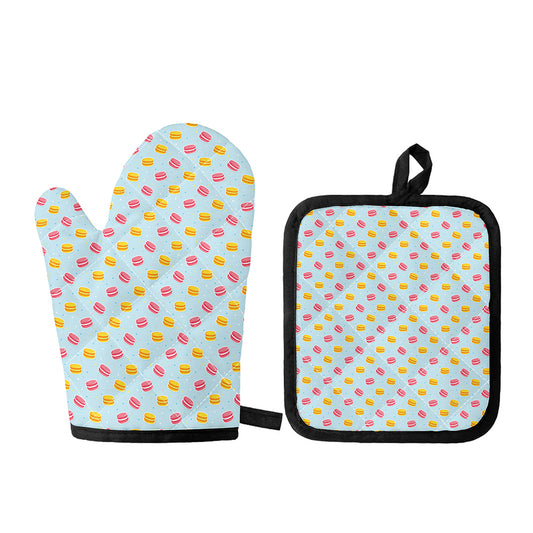 Pink And Yellow Macaron Pattern Print Oven Mitt And Pot Holder Set