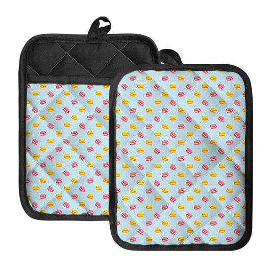 Pink And Yellow Macaron Pattern Print Pot Holders With Pocket