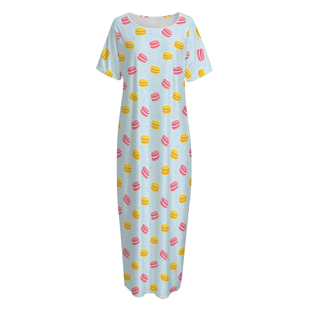 Pink And Yellow Macaron Pattern Print Short Sleeve Long Nightdress