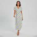 Pink And Yellow Macaron Pattern Print Short Sleeve Maxi Dress
