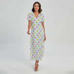 Pink And Yellow Macaron Pattern Print Short Sleeve Maxi Dress