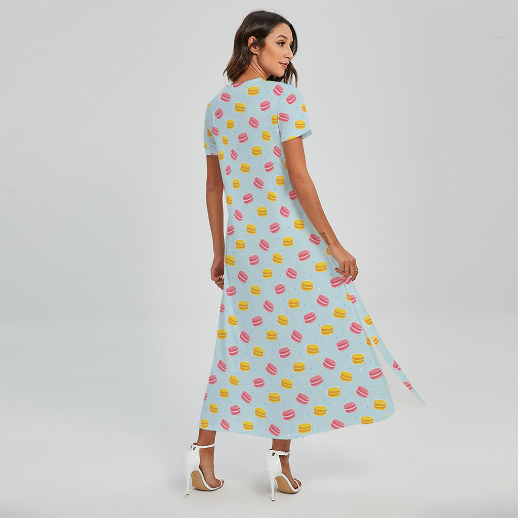 Pink And Yellow Macaron Pattern Print Short Sleeve Maxi Dress