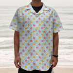 Pink And Yellow Macaron Pattern Print Textured Short Sleeve Shirt