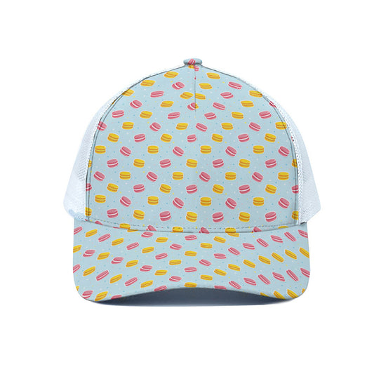 Pink And Yellow Macaron Pattern Print White Mesh Trucker Cap