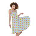 Pink And Yellow Macaron Pattern Print Sleeveless Knee Length Dress