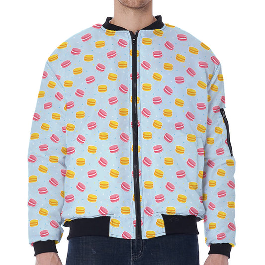 Pink And Yellow Macaron Pattern Print Zip Sleeve Bomber Jacket