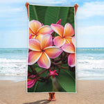 Pink And Yellow Plumeria Flower Print Beach Towel