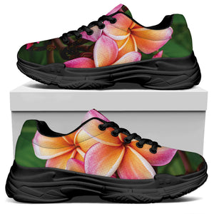 Pink And Yellow Plumeria Flower Print Black Chunky Shoes