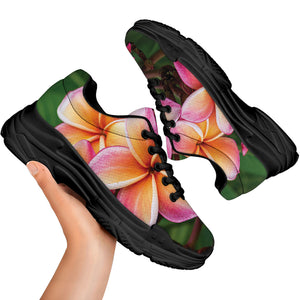 Pink And Yellow Plumeria Flower Print Black Chunky Shoes