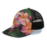 Pink And Yellow Plumeria Flower Print Black Mesh Trucker Cap