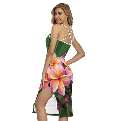 Pink And Yellow Plumeria Flower Print Cross Back Cami Dress