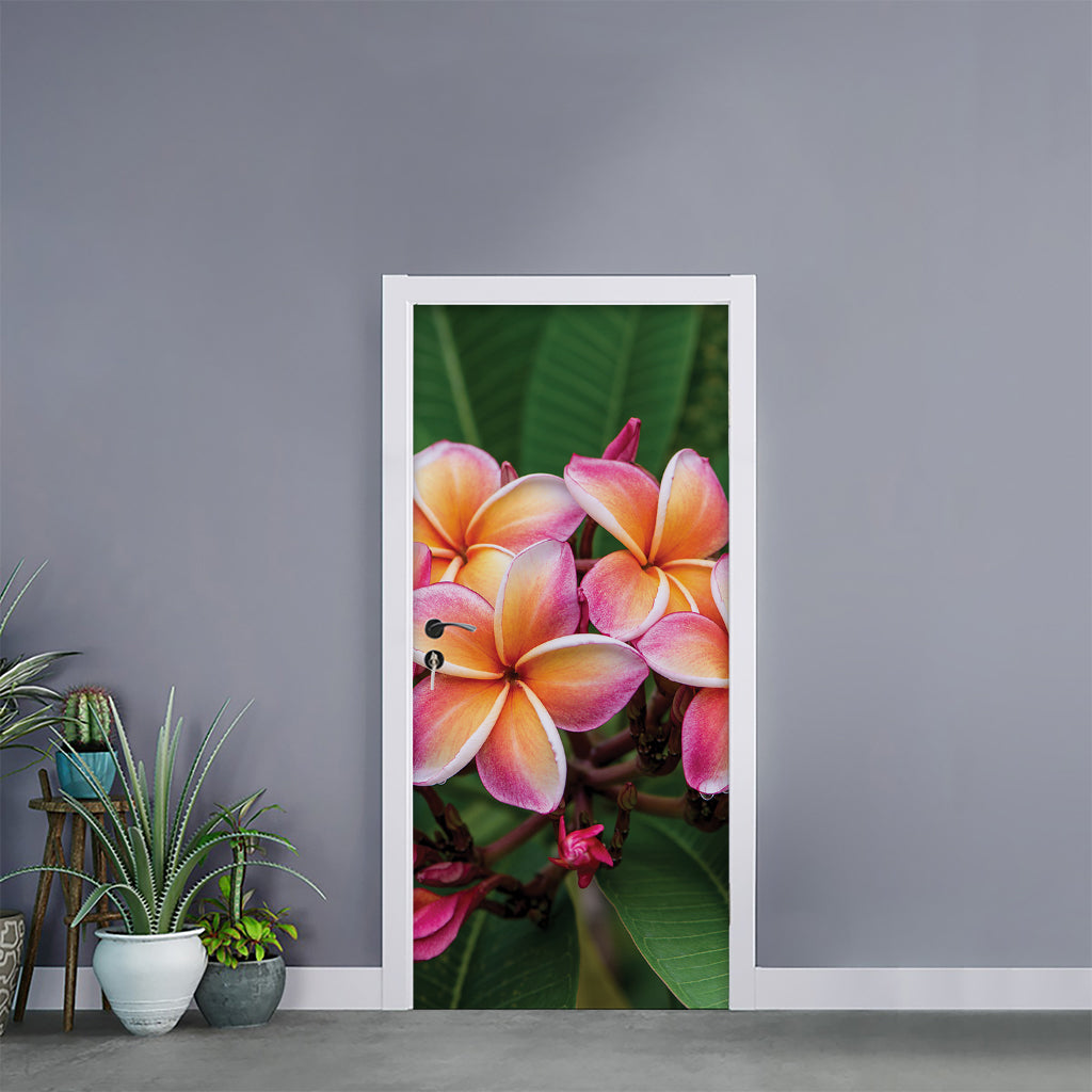 Pink And Yellow Plumeria Flower Print Door Sticker