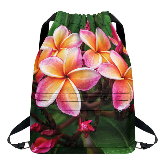 Pink And Yellow Plumeria Flower Print Drawstring Backpack