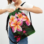 Pink And Yellow Plumeria Flower Print Drawstring Backpack