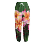 Pink And Yellow Plumeria Flower Print Fleece Lined Knit Pants
