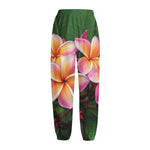 Pink And Yellow Plumeria Flower Print Fleece Lined Knit Pants